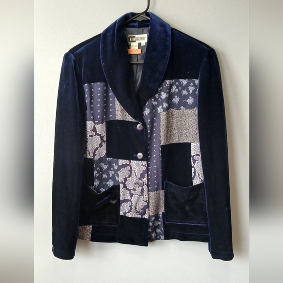 Vintage Patchwork Blue Velvet Jacket Pockets Boho Festival Womens Medium - Picture 2 of 7
